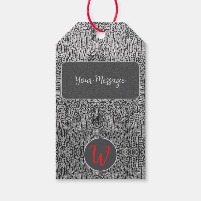 Grau-Alligator-Lederskalen Reptile Monogramm Geschenkanhänger (Vorderseite)