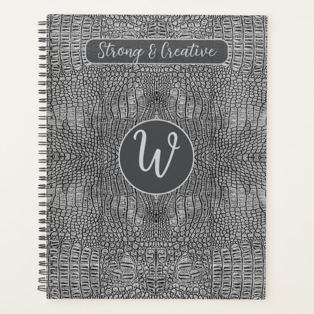 Grau-Alligator-Lederskalen Reptile Monogramm Planer (Vorderseite)