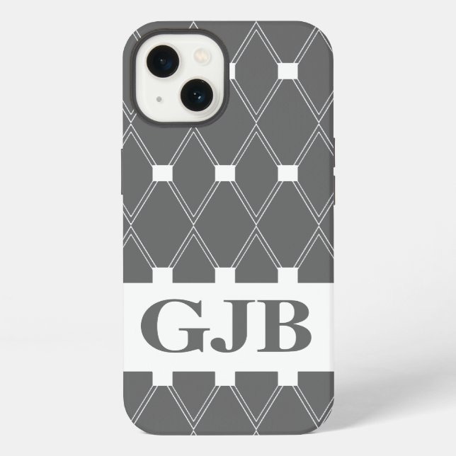 Grau Argyle Gittermuster mit Monogramm iPhone Hülle (Rückseite)