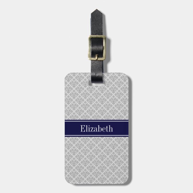 Grau auf Gray Damask #3 Navy Blue Name Monogram Gepäckanhänger (Vorderseite vertikal)