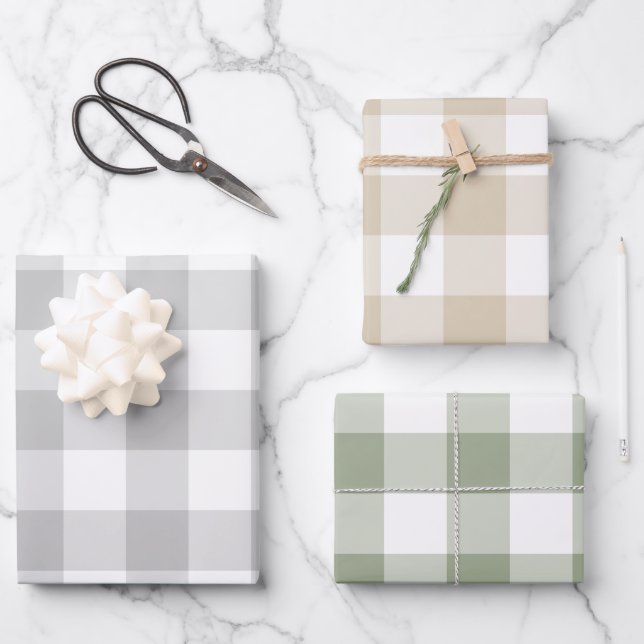 Grau Beige Sage Green Gingham Karo Kariert Geschenkpapier Set (Vorderseite)