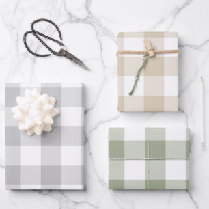 Grau Beige Salbei Grün Gingham Karo Kariert Geschenkpapier Set