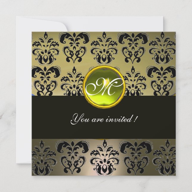 GRAU BLACK DAMASK MONOGRAM, Topaz Einladung (Vorderseite)