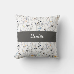 Grau Blau Aquarell Wildblumen Monogramm Name Kissen