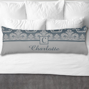 Grau Blau Damast Monogramm Personalisierter Name  Seitenschläferkissen
