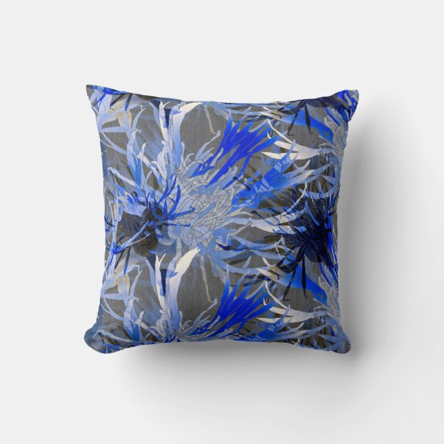 Grau & Blau Moderne Kunst Abstrakte Blüte Kissen (Vorderseite)