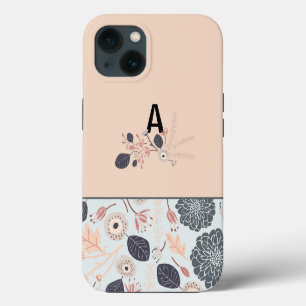 Grau Blau Pfirsich Blumen Wiederholung Monogramm iPhone Hülle