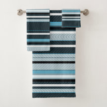 Grau, blau, weiße Streifen. Badetuch Set
