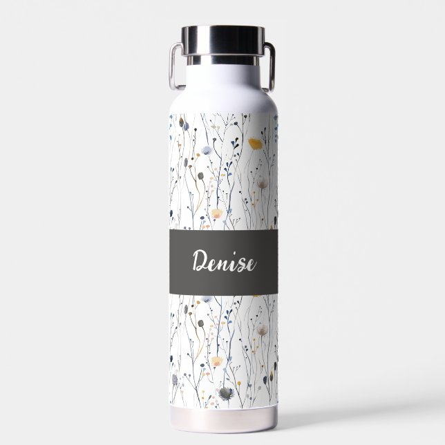 Grau Blaue Wildblumen-Wasserfarbe-Monogramm-Name Trinkflasche (Vorne)