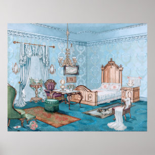 Grau blaues Viktorianisches Schlafzimmer Poster