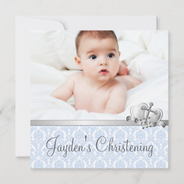 Grau Blue Damask Boys Foto Christening Einladung (Vorderseite)