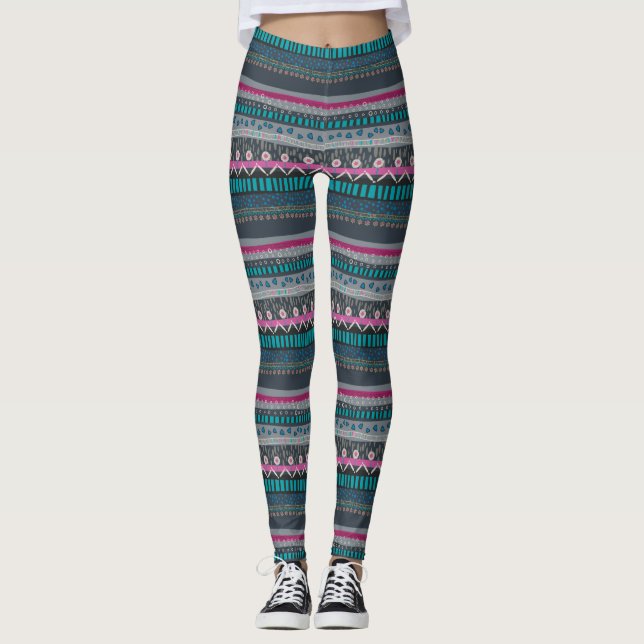 Grau Blue Floral Tribal Print Leggings (Vorderseite)