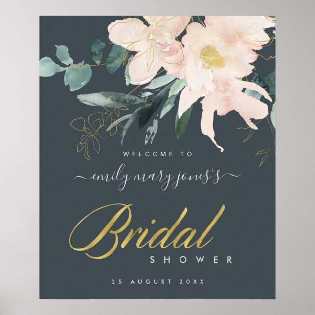 GRAU BLUSH FLORAL WATERCOLOR BRAUTPARTY WILLKOMMEN POSTER (Vorne)