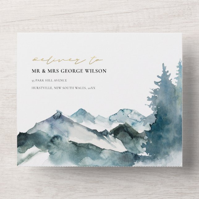 GRAU BLUSH GREEN BLUE BERGE PINE WEDING ALL IN ONE EINLADUNG (Vorderseite)
