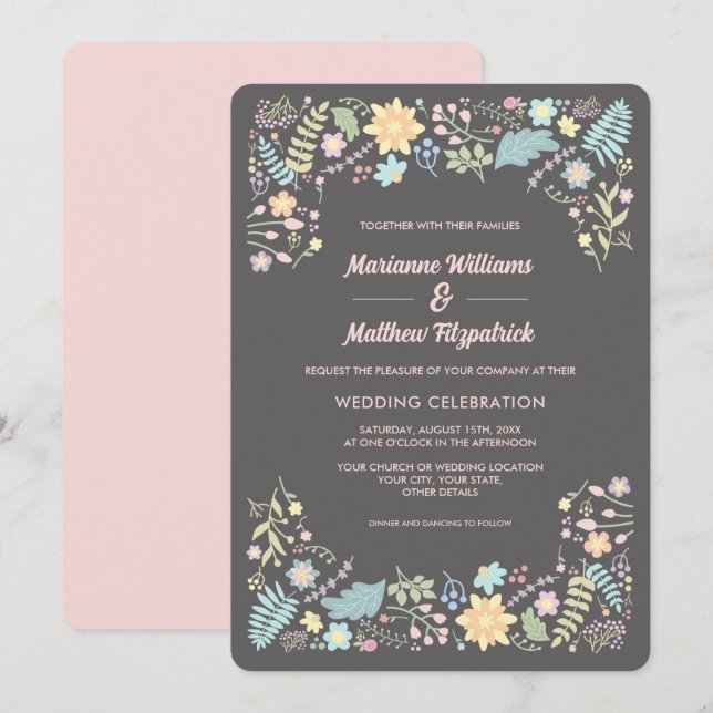 Grau Blush Pink Aqua Moderne Blumenhochzeit Einladung (Vorne/Hinten)