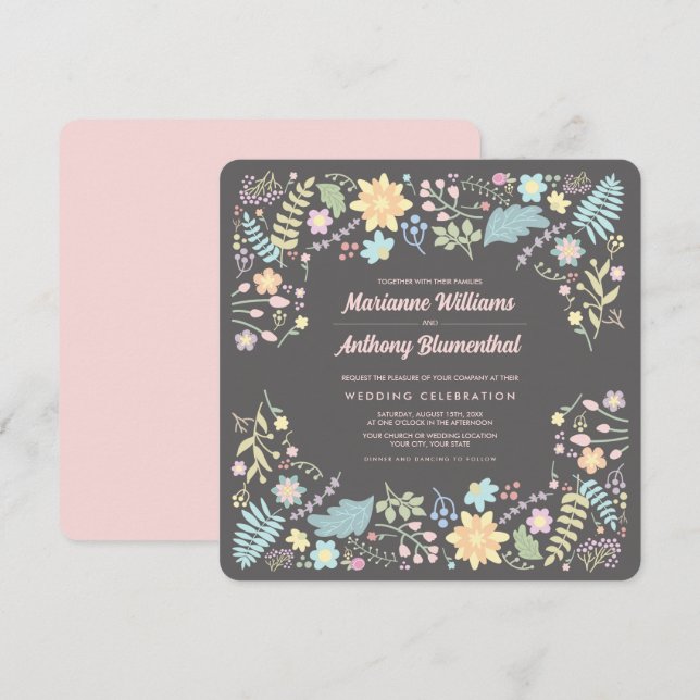 Grau Blush Pink Aqua Moderne Blumenhochzeit Einladung (Vorne/Hinten)