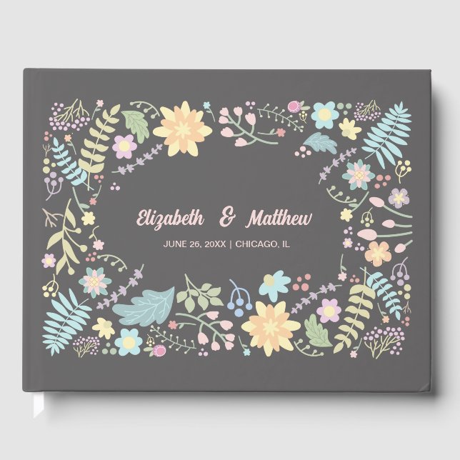 Grau Blush Pink Aqua Moderne Blumenhochzeit Gästebuch (Vorderseite)