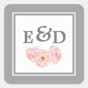 Grau   Blush Pink Peonies Monogram Wedding Quadratischer Aufkleber