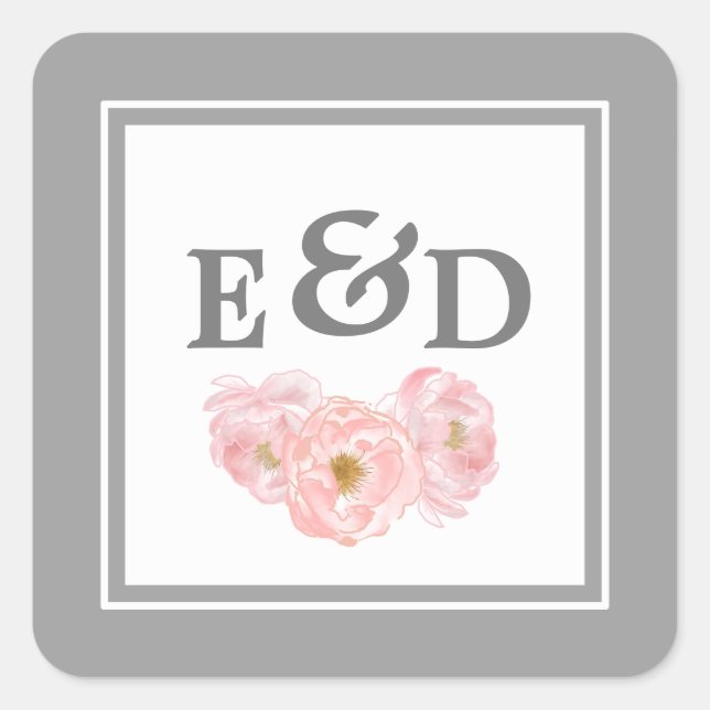 Grau | Blush Pink Peonies Monogram Wedding Quadratischer Aufkleber (Vorderseite)