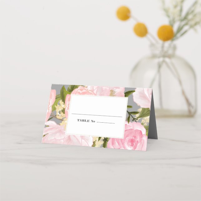 Grau | Blush Pink Peonies Watercolor Wedding Platzkarte (Vorderseite)
