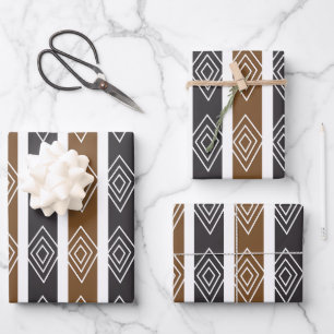 Grau Braun Geometrische Diamantstreifen Geschenkpapier Set