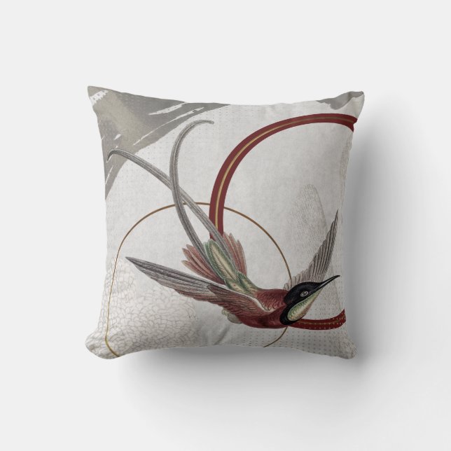 Grau & Burgund Künstlerisches Hummingbird Design Kissen (Vorderseite)