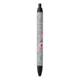 Grau | Chic Watercolor Floral Monogram Kugelschreiber