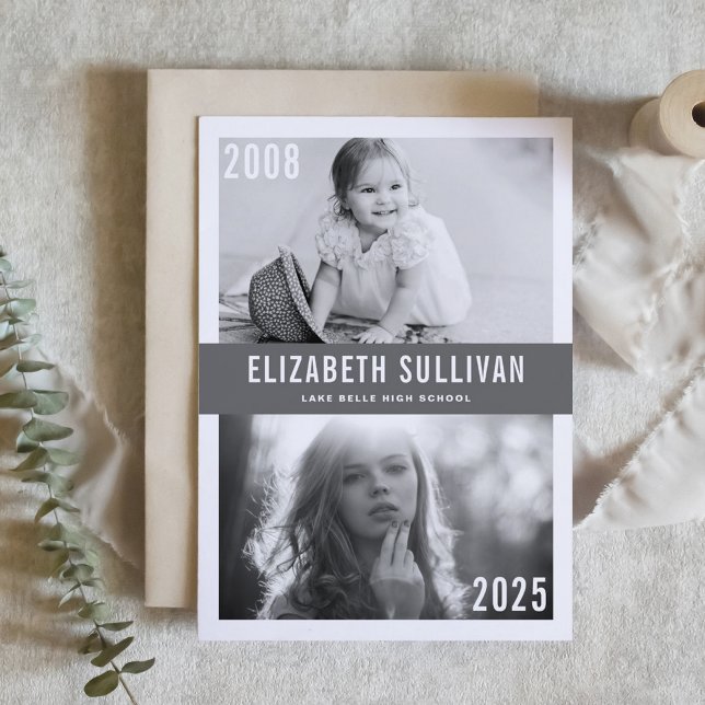 Grau damals und jetzt Foto Collage Abschluss Einladung (Customizable then and now photo collage graduation invitation featuring modern lettering. )