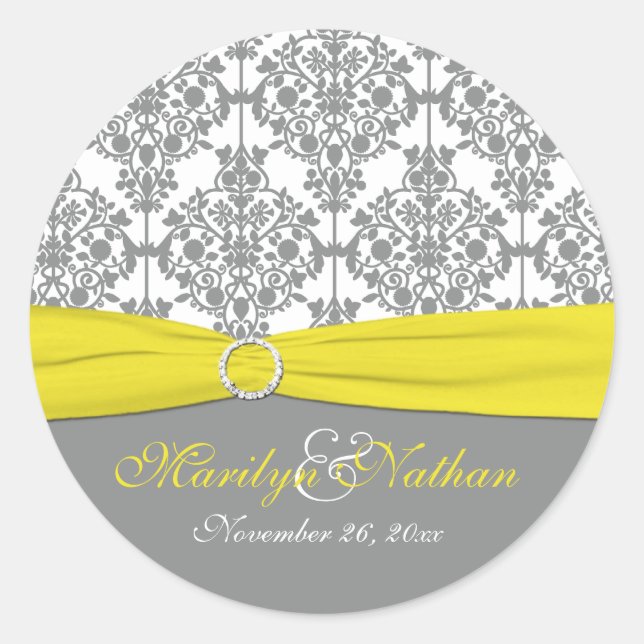 Grau Damask mit gelbem 1,5" Rundaufkleber Runder Aufkleber (Vorderseite)