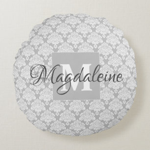 Grau Damaske Akzentkissen mit Monogramm und Name Rundes Kissen