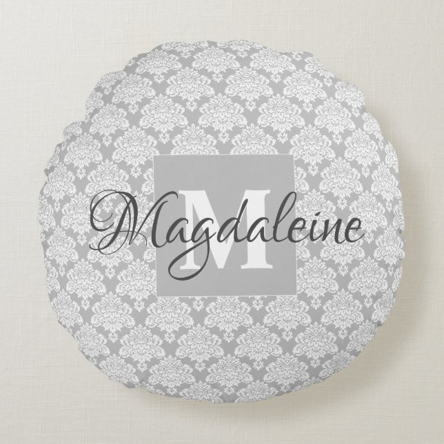 Grau Damaske Akzentkissen mit Monogramm und Name Rundes Kissen (Vorderseite)