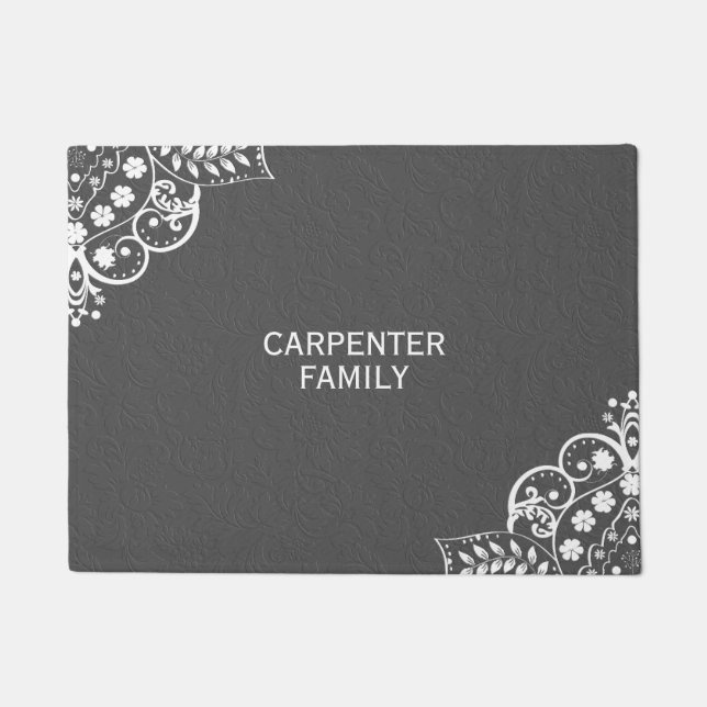 Grau-Damast und weiße Blumenspitze Fußmatte (Vorderseite)