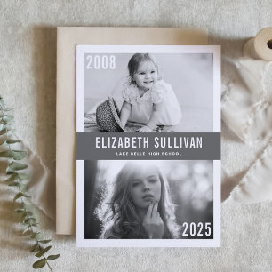 Grau Dann und Jetzt Foto-Collage Abschluss Einladung