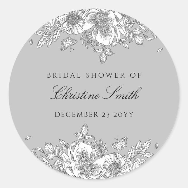 Grau floral line Art Brautparty Runder Aufkleber (Vorderseite)