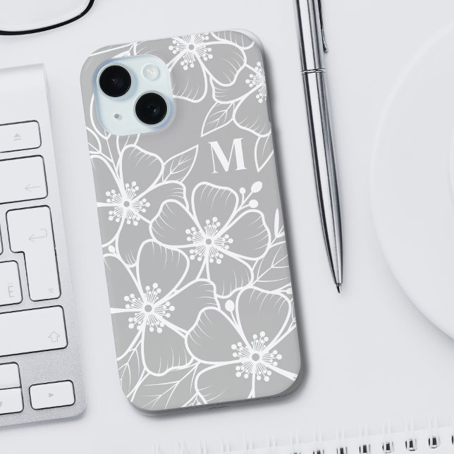 Grau-Floral-Monogramm Case-Mate iPhone Hülle (Girly Chic Gray Floral Monogram Initial iPhone 15 Case)