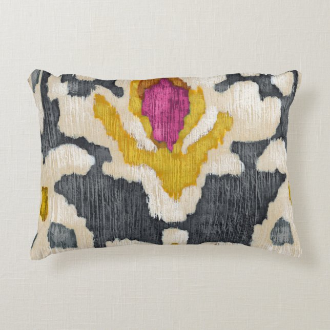 Grau-Gelb-Rosa-Tribal Ikat Dekokissen (Vorderseite)