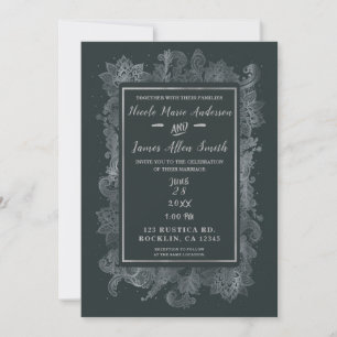 Grau & Glänzend Silber Elegante Florale Hochzeit Einladung