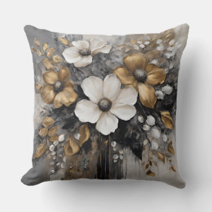 Grau Gold Schwarz Weiße Blumen Kissen