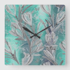 Grau-Graphit Aquatic Aquamarin Floral Butterfly Quadratische Wanduhr