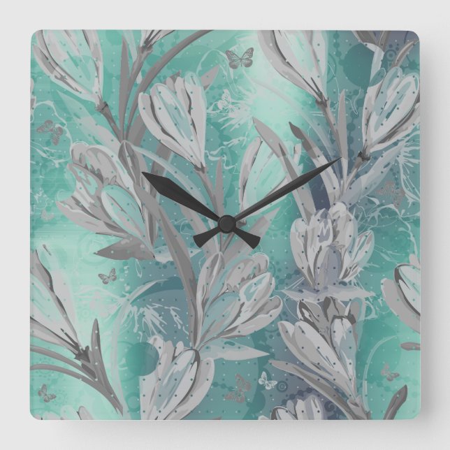 Grau-Graphit Aquatic Aquamarin Floral Butterfly Quadratische Wanduhr (Vorderseite)