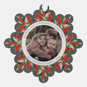 Grau-grüne rote Beeren+Grün Weihnachtspapier Ornament Karte