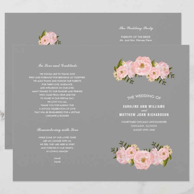 Grau | Hochzeitsprogramm für Blush Pink Peonies (Vorne/Hinten)