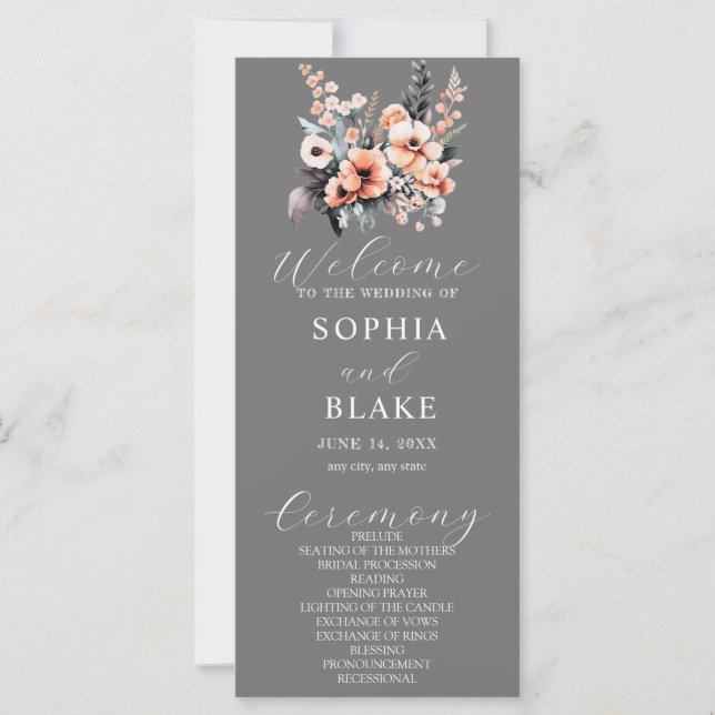 Grau-Hochzeitsprogramm für die Blume Weiß und Blau (Vorderseite)