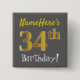 Grau, Imitat-Gold34. Geburtstag, mit individuellem Button