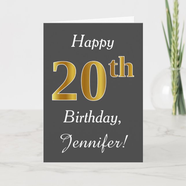 Grau, Imitate Gold 20. Geburtstag + Individuelle N Karte (Vorderseite)
