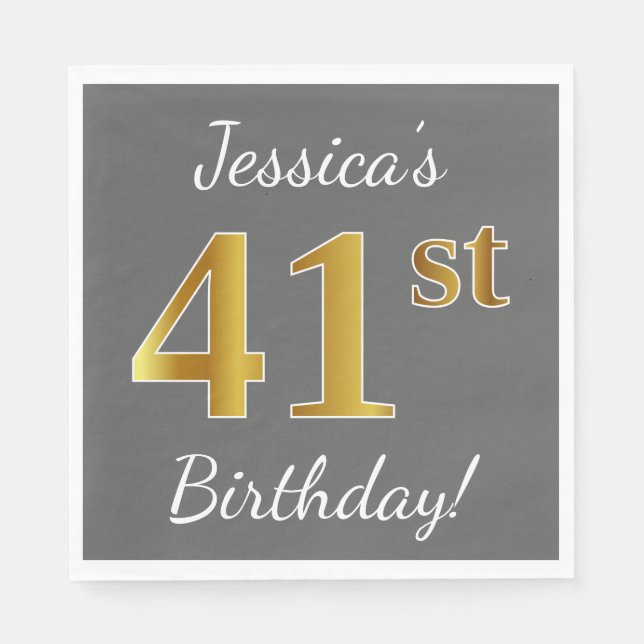 Grau, Imitate Gold 41. Geburtstag + Individuelle N Serviette (Vorderseite)