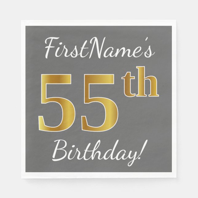 Grau, Imitate Gold 55. Geburtstag + Individuelle N Serviette (Vorderseite)