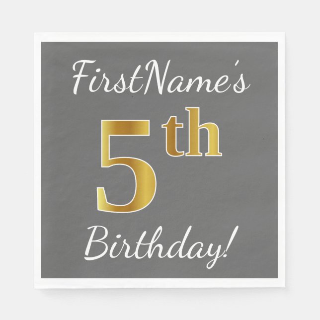 Grau, Imitate Gold 5. Geburtstag + Individuelle Na Serviette (Vorderseite)