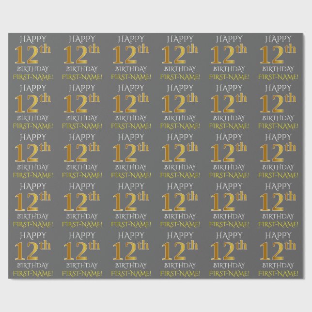 Grau, Imitate Gold "HAPPY 12. BIRTHDAY" Geschenkpapier (Flach)