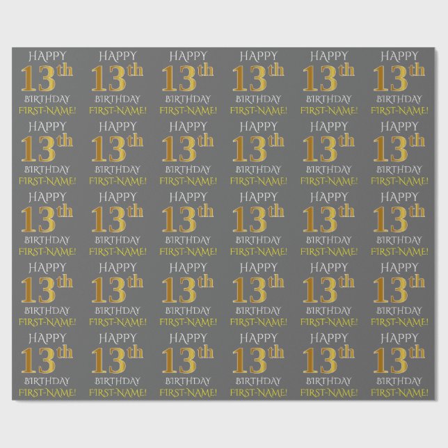 Grau, Imitate Gold "HAPPY 13. BIRTHDAY" Geschenkpapier (Flach)
